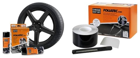 Foliatec Sprühfolie Auto Felgenfolie Sprüh Lack Set für 4 Felgen, Abziehbar, Gute Deckkraft, Schwarz Glänzend, 2x 400 ml & Chrome Out Set Zierleisten Folie Schwarz Glänzend