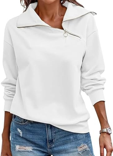 Cuptacc Felpa Donna Autunno Elegante Mezza Zip Top Maniche Lunghe Donna Scollo a V Tinta Unita Basic Maglia Bianco, Medium M 38-40