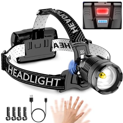 NAKCNM Stirnlampe LED Wiederaufladbar, Kopflampe Batterie mit Bewegungssensor, 20000 Lumen Extrem Hell 3 Modi Einstellbarer Fokus Wasserdicht Stirnleuchte für Camping Wandern Angeln DIY Arbeit