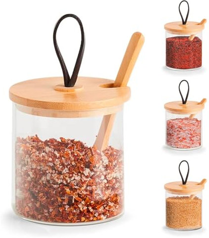Wintem Tarro de cristal para especias de 320 ml con tapa hermética que ahorra frescor con cuchara de bambú – Ideal para almacenar y organizar especias o condimentos en polvo