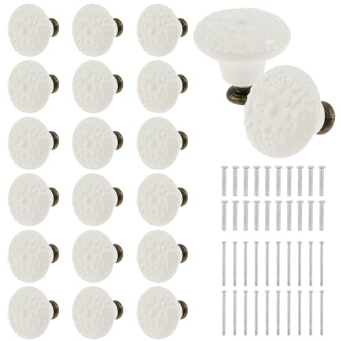 Keramik-Türknauf-Set, Vintage-Schubladenknäufe, dekorative Küchenschrankknäufe mit Schrauben, rund, antiker Kleiderschrank, Griffe für Schrank, Möbel, Weiß, 20 Stück