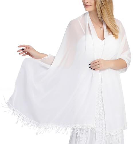 Atxnn Chal Mujer de Gasa Borlas Bufanda Elegante Fulares para Fiesta Vestido Boda Novia Dama Chales Larga de Otoño Primavera Estolas, BLANCO