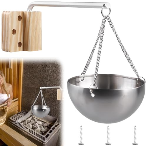 Ciotola aromatica per sauna, 12 cm, in acciaio inox, con catena e accessori, 350 ml, da appendere, per sauna, spa, rotonda, da appendere, per sauna e spa