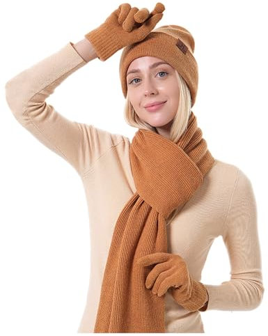 Generisch Mütze, Schal & Handschuh Sets Für Damen Beanie Mütze Schlupfmütze Knit Set Women Fleece Winter Winterset Handschuhe Thermo Accessoires 3PC