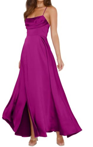 Vestido de dama de honor de satén, extralargo, con tirantes delgados, vestidos de invitada de boda, fucsia, 46