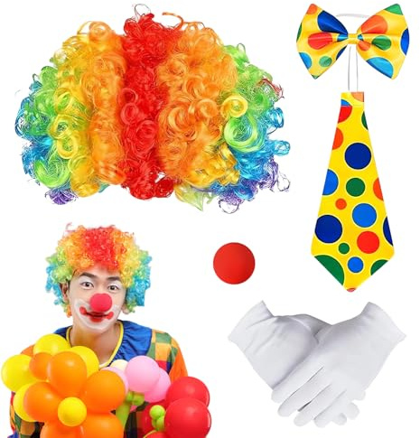 NYZQIW 5-Teiliges Clown Kostüm Set Mit Bunter Clown-Perücke, Clown Nase, Fliege, Krawatte und Handschuhen, Clown Kostüm Accessoires, Clown Kostümzubehör, für Karneval Cosplay Party