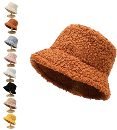 Argumub Fischerhut Damen, Fell Hut Damen, Bucket Hat Damen Winter, Winter Fuzzy Warme Mütze Mit Breiter Krempe, Flauschige Kunstfell Hut (DE/NL/SE/PL, Alphanumerisch, Einheitsgröße, rotbraun)