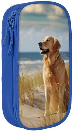 BNVSADC Golden Retriever bedrucktes Federmäppchen mit Reißverschluss, Federmäppchen, Tasche, Halter, niedliches Federmäppchen für Studenten, Teenager, Jungen, Mädchen, Erwachsene, Schwarz, blau,