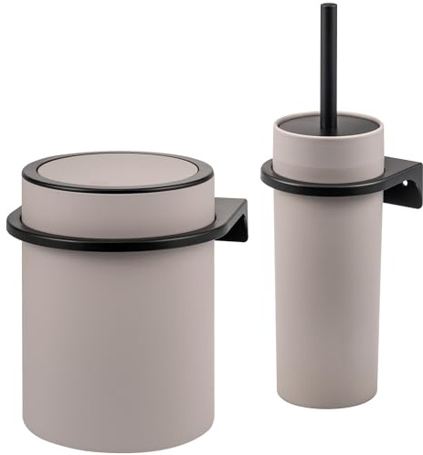 bremermann rundes 2tlg. Bad-Set Savona mit gummierter Softtouch-Oberfläche inkl. Wandhalterung zum Kleben oder Bohren, moderner Kosmetikeimer 5,5 Liter und WC-Garnitur aus Kunststoff (Taupe)