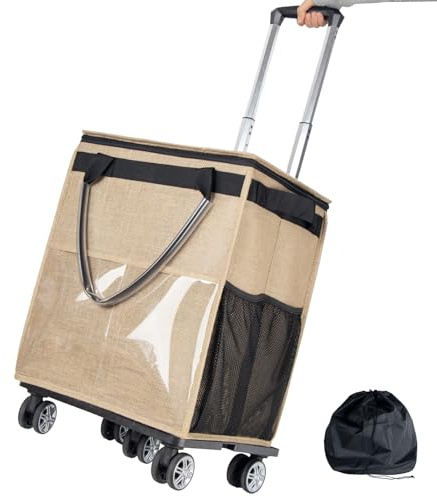 Reusable Grocery Bags on Wheels, Rolling Tote, Portable Shopping Cart for Groceries with Wheels and Drawstring Bag, Trolley, 54L, Foldable, Khaki