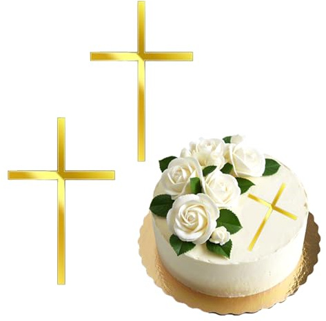 2 Stück Kreuz Tortendeko Taufe,Cake Topper Kommunion,Gold Deko Konfirmation,Mädchen Junge Torte Firmung Acryl Kuchen Dekoration,Goldene Kreuze,für Hochzeit Geburtstag Party Tauftorte (Fein x 2)