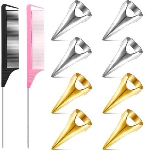 10 pezzi Anelli di Separazione Capelli in Metallo, Pettine a Coda e Strumento per Separare i Capelli, Trecce Strumento per Intrecciare i Capelli, Arricciare, Oro e Argento