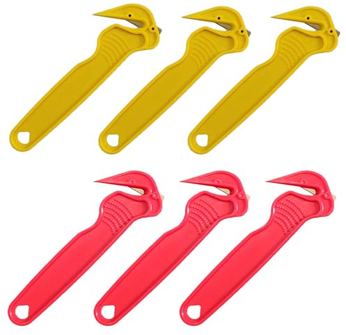 6pcs Safety Box Cutter Utility Knives Set Stainless Steel Concealed Blade Package Opener with Tape Splitter for Cartons, Cardboard, Wrap, Straps, Film, 3Red and 3Yellow