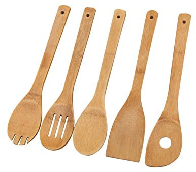 FONDOTIN 5pièces Cuillères Et Spatules De Cuisine En Bois Ensemble Ustensiles Bois Pour Poêles Et Casseroles Antiadhésives Inclus Écumoire Et Cuillère à Mélanger