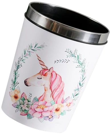 BAZEITFLOW Unicorn Garbage Container with Round Opening Household Waste Bin for Bedroom and Easy-clean Trash Can Storage Basket with Floral Ring Design