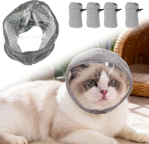 Adjustable Cat Muzzle for Grooming and Biting Prevention, Breathable Cat Mouth Guard with 4 Anti-Scratch Gloves, Anti-bite Kitten Head Cover for Nail Trimming, Bathing and Vet Visits