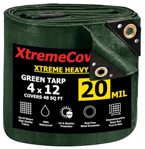 4' x 12' Green Tarp - 20mil | Heavy Duty & Waterproof | UV Protection + Brass Grommets Reinforced Corners outdoor storage 4x12 ft Rain Camping Tent Greenhouse roof Leak Ground Cover Leakproof Shed car