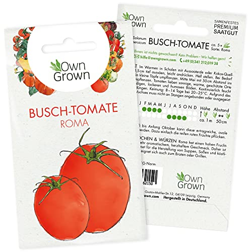 OwnGrown Premium Busch Tomaten Samen (Solanum lycopersicum), Tomatensamen Buschtomate Sorte Roma Tomate, Saatgut für rund 50 Busch Tomatenpflanzen