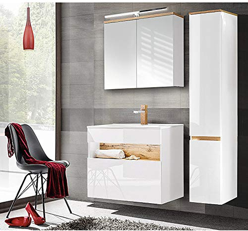 Lomadox Badezimmermöbel Set, 80cm Unterschrank mit Keramik Waschbecken, Hochglanz weiß mit Wotaneiche, Hochschrank und LED-Spiegelschrank