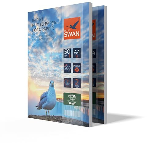 BLUE SWAN A4 fotopapper 200 g/m² 100 ark – Dubbelsidigt högglansigt, vattenavvisande, snabbtorkande & reptåligt – för foton, broschyrer, presentationer & flygblad – kompatibelt med bläckstråleskrivare