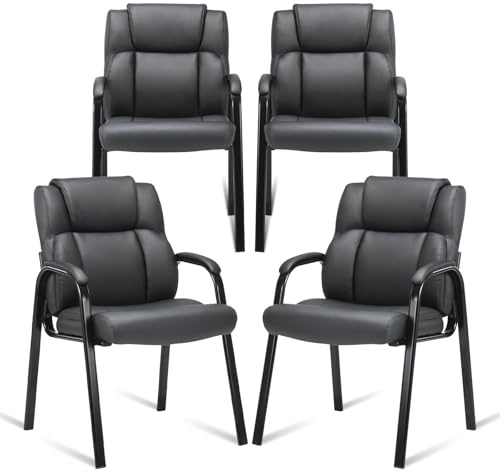 CLATINA Leather Guest Waiting Reception Chair with Padded Arm Rest and Thick Seat Cushion Comfy Stationary Desk Chairs for Office Home Conference Meeting Lobby Hall Side Break Room, Black, 4 Pack