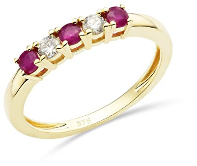 MIORE anello eternità con diamanti e rubini, diamanti naturali di 0,13 carati e rubini rossi naturali di 0,27 carati in oro giallo 9 carati 375