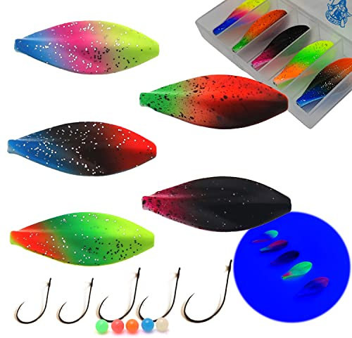 Njord Kalastus Inline Spoon Forelle Komplettset mit 5X Haken und 5X Perlen in Box 4g | UV Aktiv | Durchlaufblinker Forellenköder Inliner Spoon Inline Durchlauf Spoons