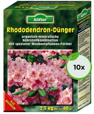 Allflor Rhododendrondünger I 10 x 2,5 Kg I Organisch-Mineralische Nährstoffkombination für Moorbeetpflanzen I Rhododendron Dünger in der Faltschachtel I Magnesium-betontes Düngemittel