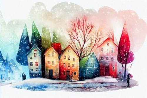 adrium Holz-Bild 50 x 30 cm: Digitales Aquarell Winterdorf. Weihnachtlich geschmückte Häuser. Komposition mit Haus, Schnee, Süßigkeiten. Illustration (194710581)