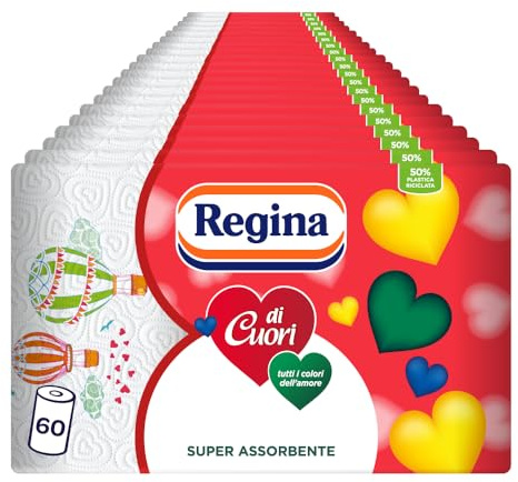 Regina Di Cuori Carta Cucina - Confezione da 60 Rotoli a 2 Veli, 50 Fogli Per Rotolo, Grande Assorbenza, Spessa e Resistente, Carta 100% Certificata FSC