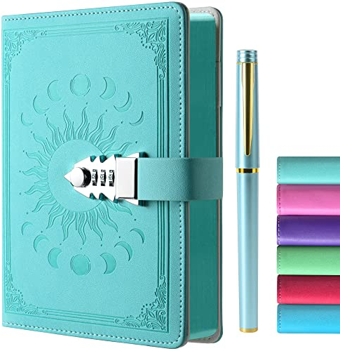 ZXHQ Tagebuch mit Schloss - A5 Notizbuch mit Stift Set, Nachfüllbares Leder Journal mit Buntem Seitenrand für Mädchen, Frauen, Männer und Jugendliche A5 Größe (21x15cm) Grasgrün