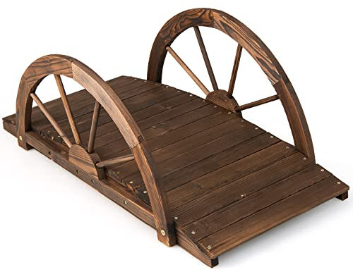 COSTWAY Ponte in Legno da Giardino, Ponte Decorativo per Giardino con Doppia Ringhiera a Mezza Ruota Costruzione, in Legno di Abete, capacità di Carico 75 kg