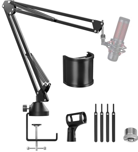TONOR Bras de Microphone avec Passe-câbles, Support de Microphone Ajustable avec Filtre Anti-pop Extra-large, Adaptateur 3/8 à 5/8, Idéale pour Podcasts, Streaming, Gaming, Télétravail, T10