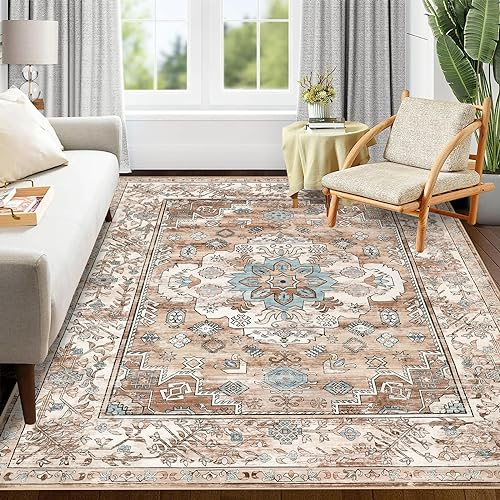 Enyhom Großer Teppich 120 x 180 cm, Luxuriös Superweich Kurzflorteppich Waschbarer Teppich Wohnzimmer Vintage Bohemian rutschfest Teppiche Schlafzimmer Flauschig für Korridor Spielzimmer, Cremefarben