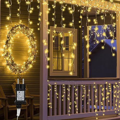 Sonnewelt Außen Eisregen Lichterkette Warmweiß Lichtervorhang Eiszapfen LED Außenlichterkette 5m 200 LED Inner Zimmer Deko mit 8 Modi IP44 Wasserdicht Lichterkettenvorhang Wasserfall Lichtervorhang