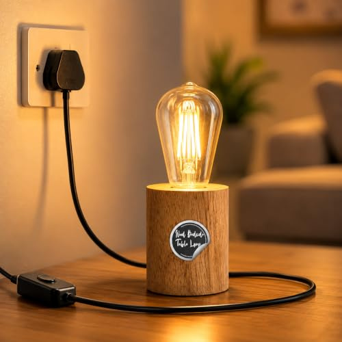 LEDSone Bedside Lamp Wooden Base Desk Lamp, E27 Bulb Holder, 3 Pin UK Plug 2m On/Off Switch Cable with Bulb Table Lamp Warm Ambient Lighting for Bedroom, Living Room & Office, Home Décor Gift
