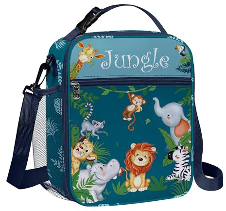 Clastyle Waldtier Isolierte Lunchtasche Kinder mit Flaschenhalter, Grün Elefant Löwe AFFE Kühltasche Klein Schulen Tragbar für Jungen Mädchen