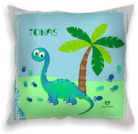wolga-kreativ personalisiertes Kissen Dino 40x40 cm – Kuschelkissen mit Namen & süßen Kindermotiven – Geschenk zur Geburt, Taufe & Geburtstag – Namenskissen Bedrucken – Flauschiges Babykissen