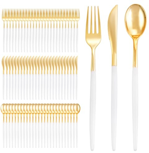 I00000 300 Pcs Gold Plastic Silverware - Gold Disposable Silverware - Premium White Cutlery Set Include 100 Forks 100 Knives 100 Spoons,Plastic Cutlery Party Set for Party & Wedding