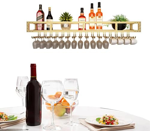 Weinregal Wand Metall Flaschenregal Wand Couchbar Wine Rack Bar Regal Wand Barschrank Minibar Vitrine Hängend Weinschrank Weinregal Schmal Weinhalter mit Weinglashalter und Lichtleiste ( Color : Gold-