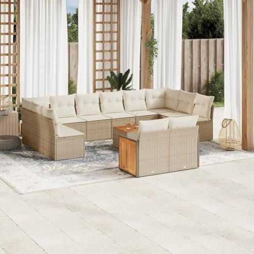 Rantry 13-TLG. Gartenmöbel Set mit Kissen Gartensofa Balkonmöbel Gartenlounge Balkonsofa Ecklounge Ecksofa Loungesofa Sitzgruppe mit Gartentisch Loungemöbel Beige Poly Rattan