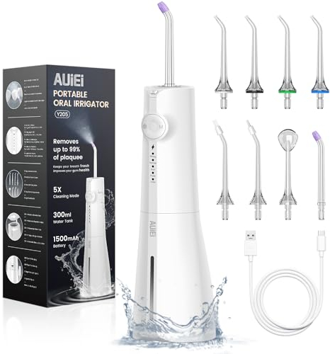 AUIEI Jet Dentaire Hydropulseur Portable Water Flosser, Irrigateur Oral 5 Modes et 8 Buses,Réservoir 300ML, USB Chargé, Étanche IPX7,Convient Gencive Sensible (Blanc)
