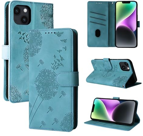 Rostsant Handyhülle für iPhone 13/iPhone 14 6.1 Zoll Löwenzahn PU Leder iPhone 14 6.1 Flip Case Brieftasche Tasche Hülle Magnetisch Handyhülle für iPhone 13/iPhone 14 6.1 Zoll Blau