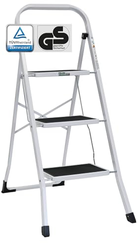 TRUTZHOLM Trittleiter 2 oder 3 Stufen klappbar TÜV/GS Zertifiziert 150 kg Klappleiter Anti-Rutsch Trittflächen & Sicherheitsverriegelung Klapptritt Haushaltstritt Stahl Leiter (Weiß, 3 Stufen)