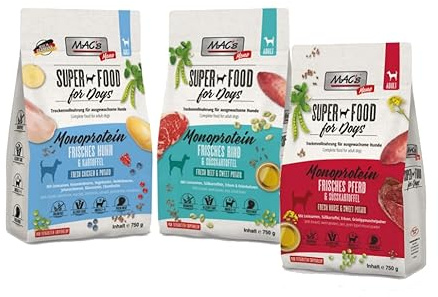 Mac's Dog Trockenfutter Multipack 3 x 750g | Huhn, Rind, Pferd | Mono | Getreidefrei und gut verträglich | hergestellt in der Eifel | Premium Trockenfutter für Hunde