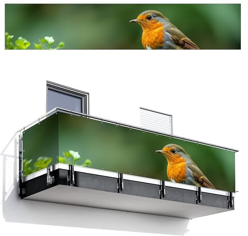 MuchoWow© Balkon Sichtschutz Einseitig Groß PVC Terrassen Garten Windschutz | 95x500 cm - ohne bohren Wetterfest für Zaun Terrasse Sichtschutzmatte Outdoor Deko Rotkehlchen - Vogel - Wasser - Natur