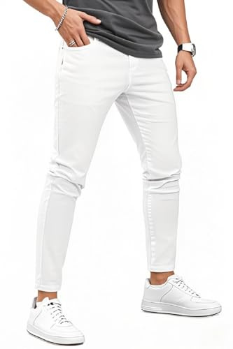 GINGTTO Jeans Herren Slim fit Männer Stretch Weiss Jeanshose Skinny Denim Hose Passform Tapered Weiß Casual Röhrenjeans 34/30