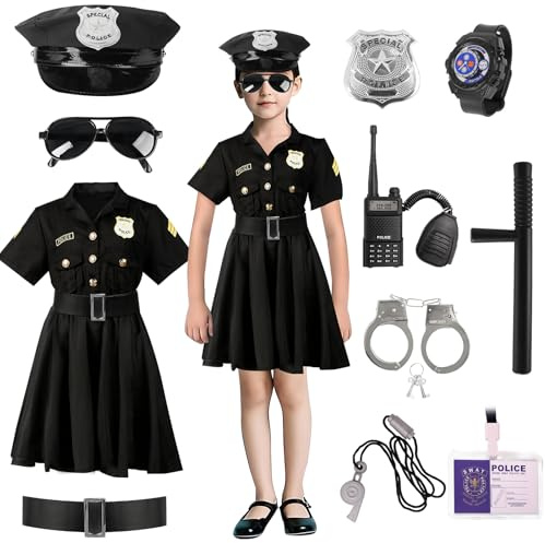 Moiuguli Polizei Kostüm Kinder Mädchen, Polizeikostüm mit Handschellen, Polizeimütze, Dienstmarke, Uhr, Polizeiausweis, Walkie-Talkie, Pfeife, Schlagstock, Sonnenbrille für Karneval Cosplay Party