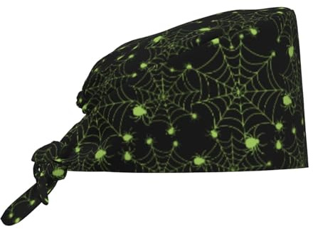 Bonnet médical réglable pour homme et femme, motif toile d'araignée verte d'Halloween avec bandeau absorbant