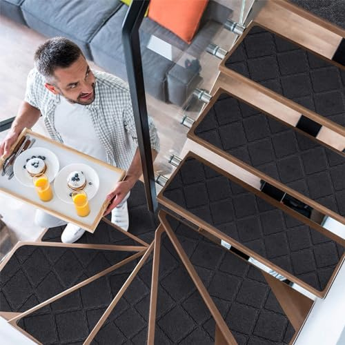 YISUN Stufenmatten 15 Stück, Anti-Rutsch Treppenstufen Matten | Treppenteppich selbstklebend Rechteckig, Teppich Treppenstufen aussen Innenbereich für Kinder Ältere und Hunde, 20x65 cm